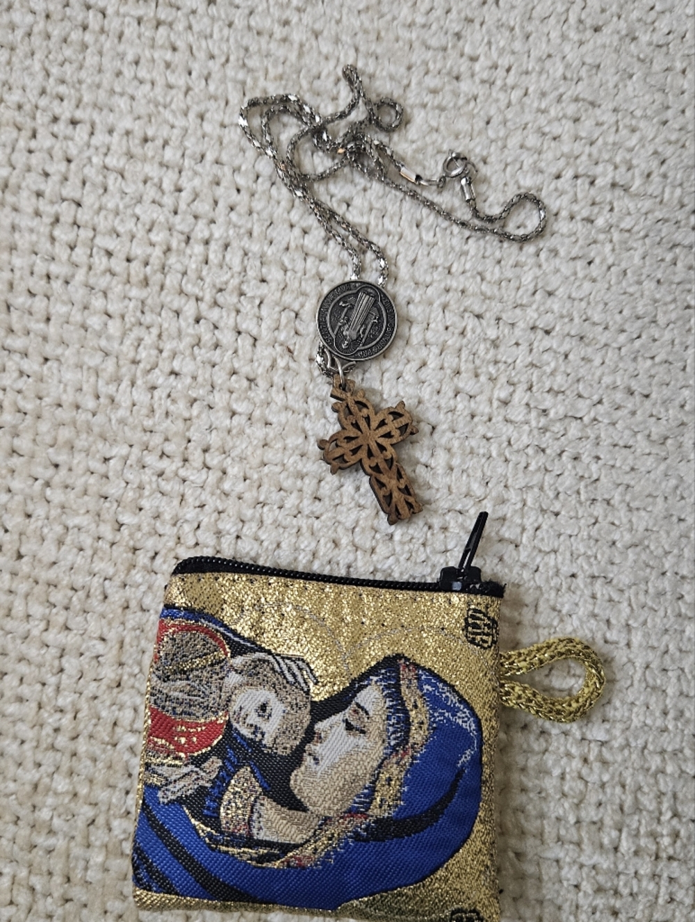 St. Benedict Religious Pendant Olive Wood Cross Silver Tone Necklace.